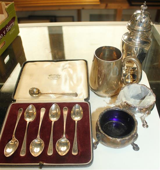 Pair of George III silver salts, a silver caster, silver mug, 6 teaspoons and a condiment spoon